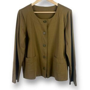 Eileen Fisher Size M Lightweight Organic‎ Cotton Button Jacket Olive Green Fall
